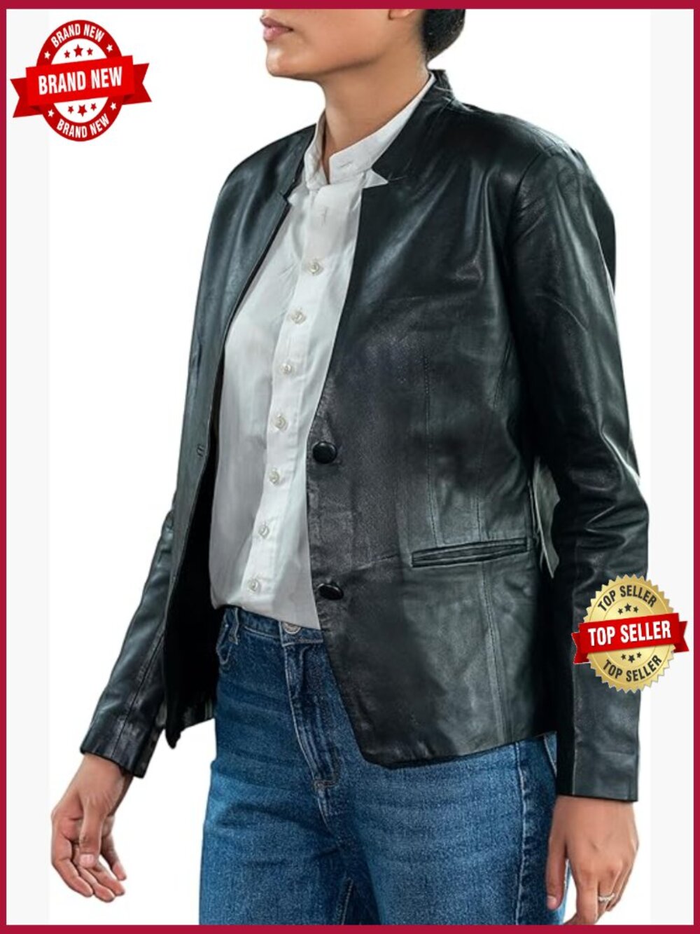 Invisible Stitch Mandarin Collar Leather Blazer Women Slim Lambskin Coat